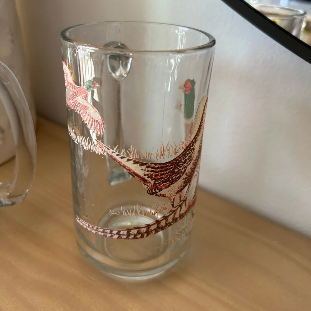 Vintage Hunting Wildlife Pheasant & Deer Set of 2 Glass Beer Mugs